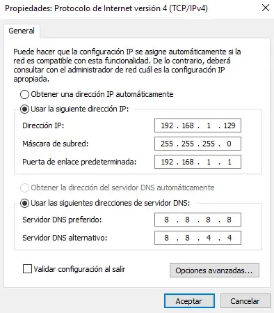 Configuración de IP y DNS Windows